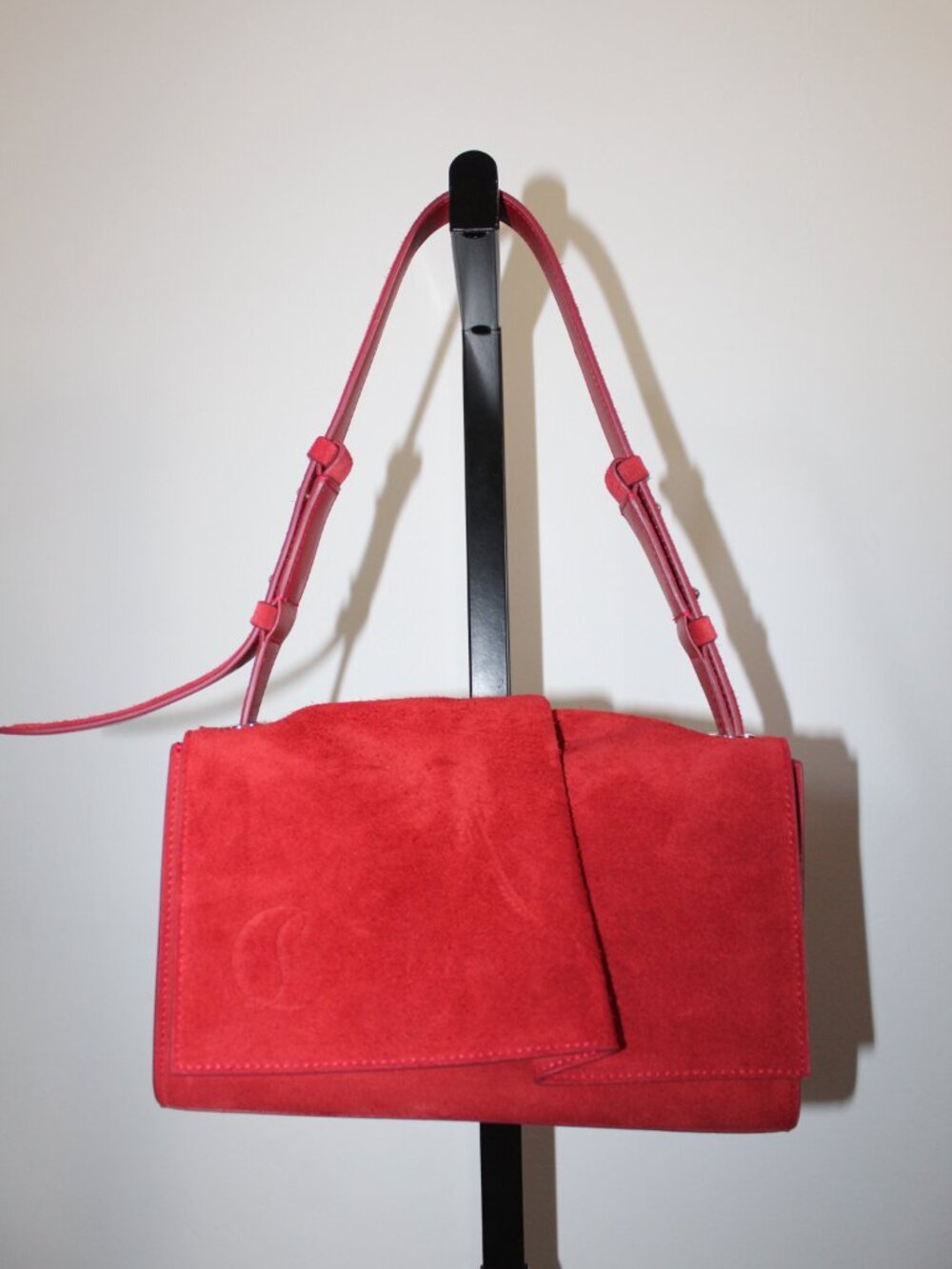 CHRISTIAN LOUBOUTIN Baggy Red Suede Leather Shoulder Bag Ruched Flap CL Front